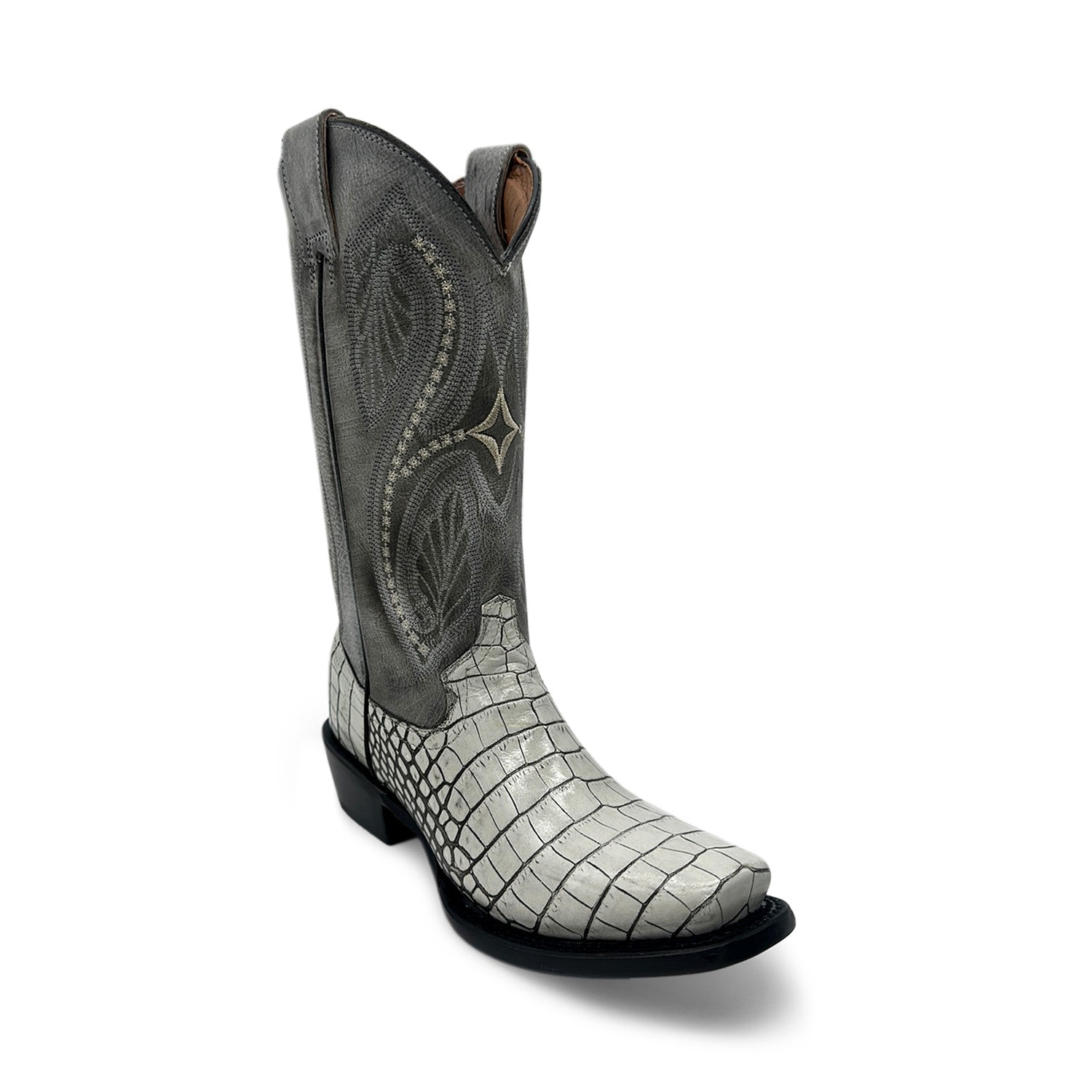 Women's Leather Square Toe Embossed Crocodile Alligator Print Boot