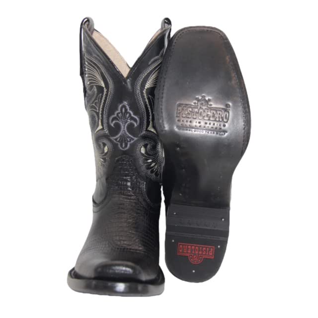 Men's Genuine Leather Lizard Print Black Cowboy Boot Square Toe Mid-Calf