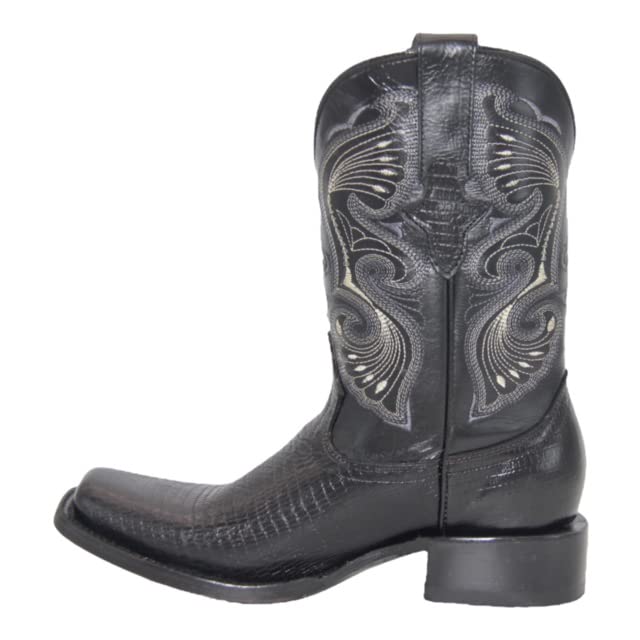 Men's Genuine Leather Lizard Print Black Cowboy Boot Square Toe Mid-Calf
