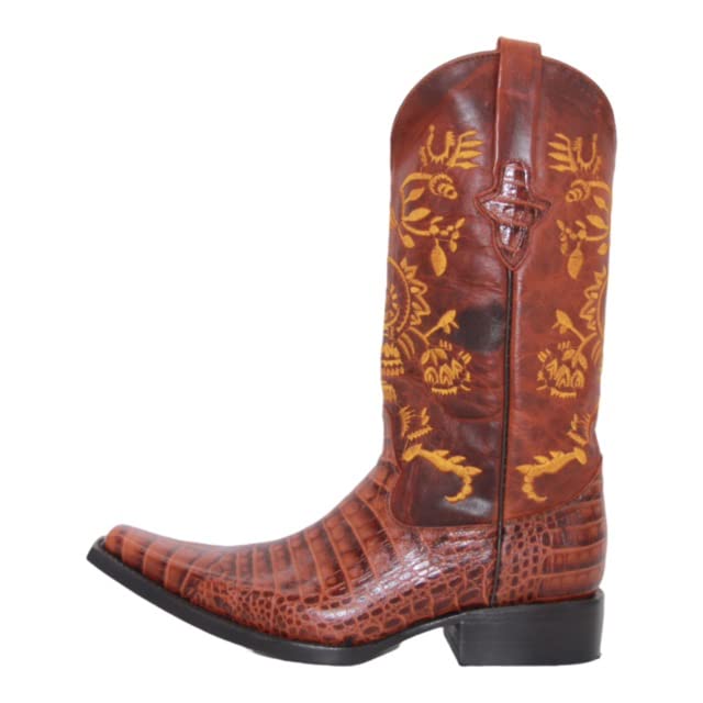 Men's Genuine Leather Pointed Square Toe Crocodile Alligator Print Dress Cowboy Boot