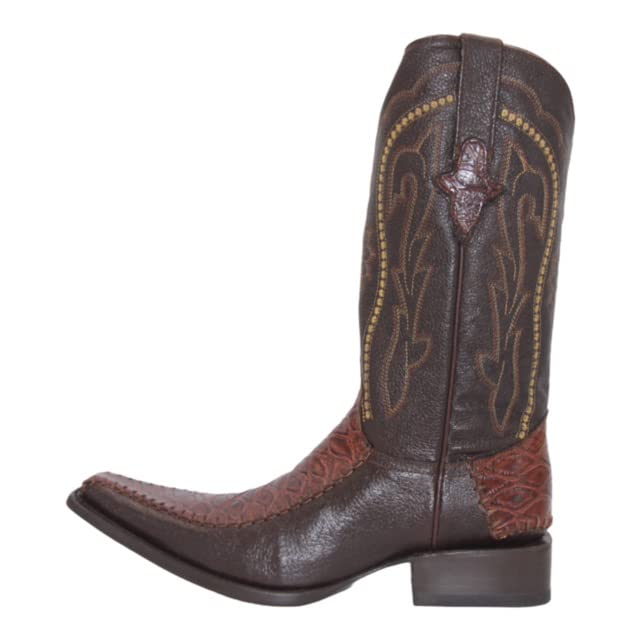 Men's Genuine Leather Square Point Toe Mid-Calf Exotic Print Dress Cowboy Boot-Brown