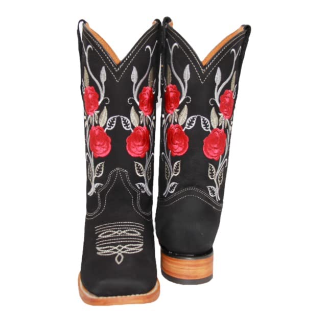 Women’s Square Toe Cowgirl Cowboy Boot Embroidered Floral Roses Western Boots Black