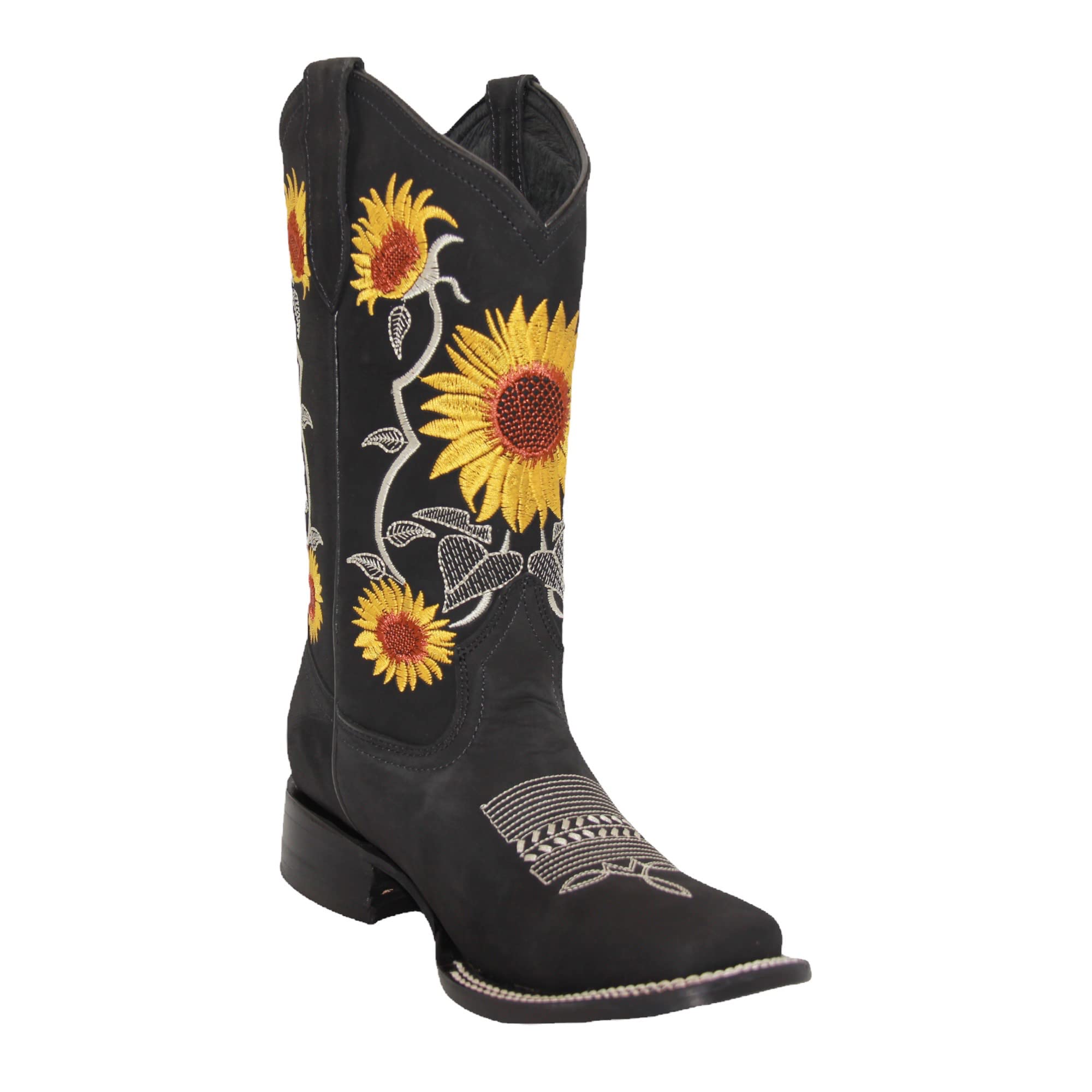 Women’s Square Toe Leather Cowgirl Cowboy Boot Sunflower Floral Embroidered Western Boots