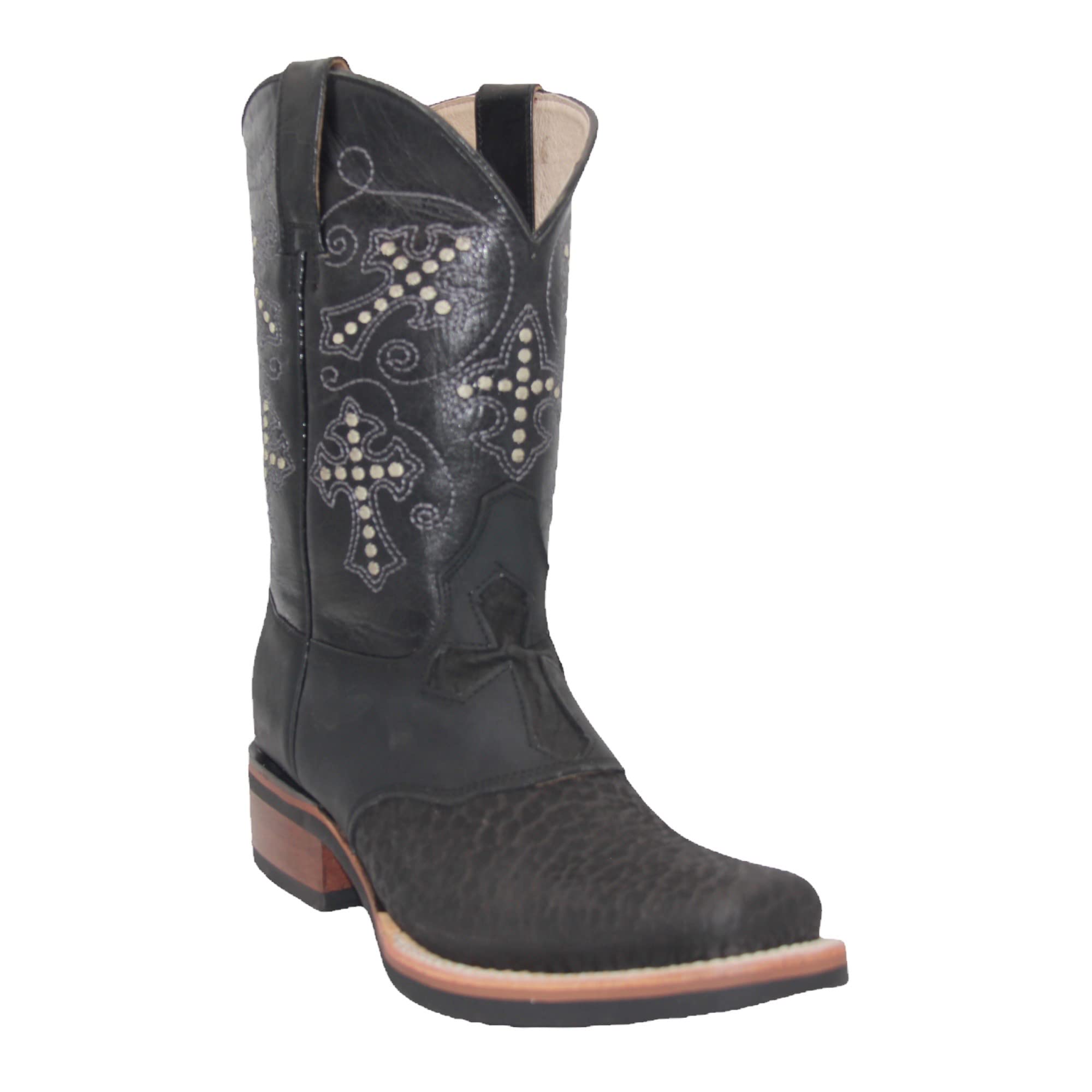 Men’s Genuine Leather Square Toe Cross Embroidered Mid-Calf Cowboy Western Boot