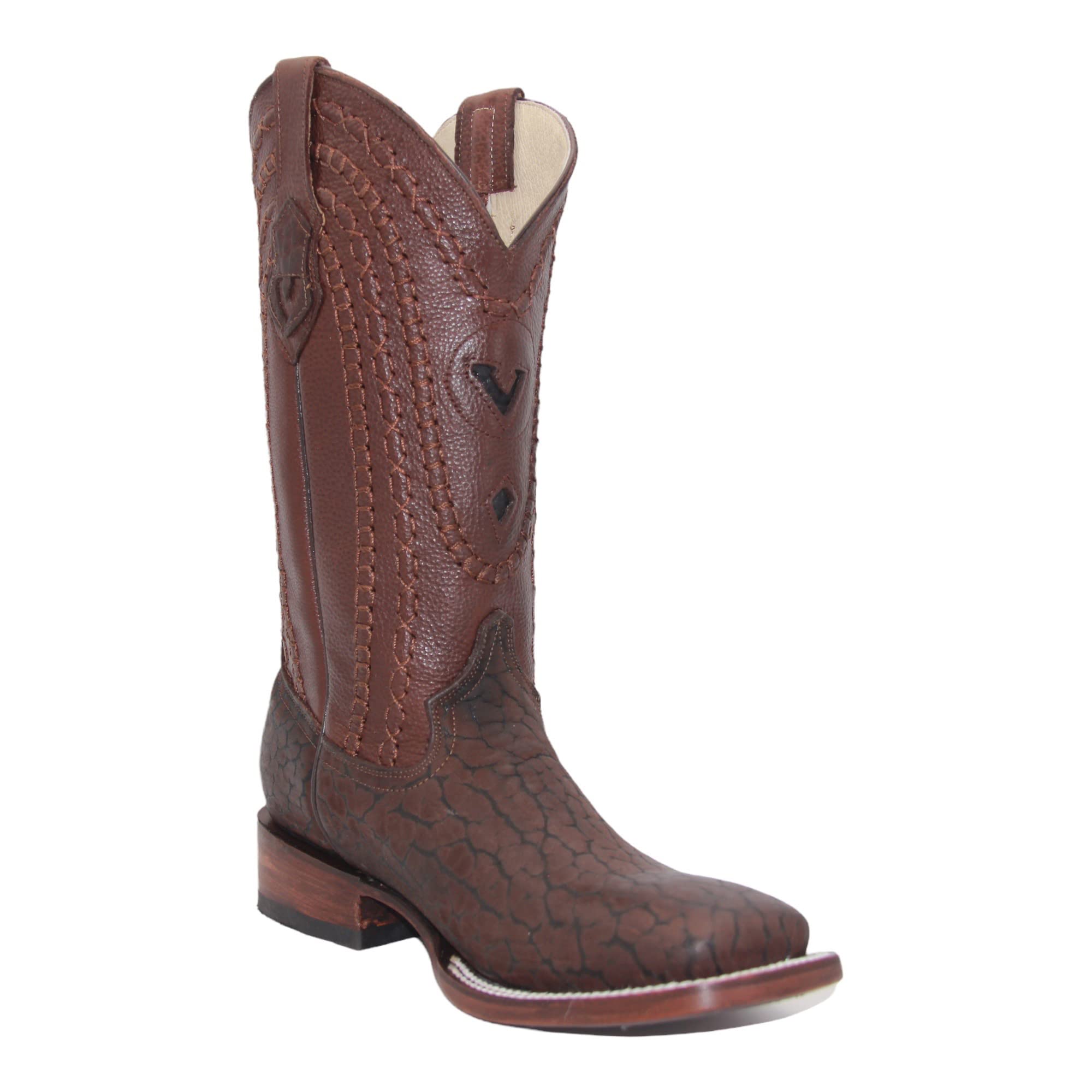 Men's Genuine Leather Exotic Cowboy Boot Square Toe Mid Calf Brown