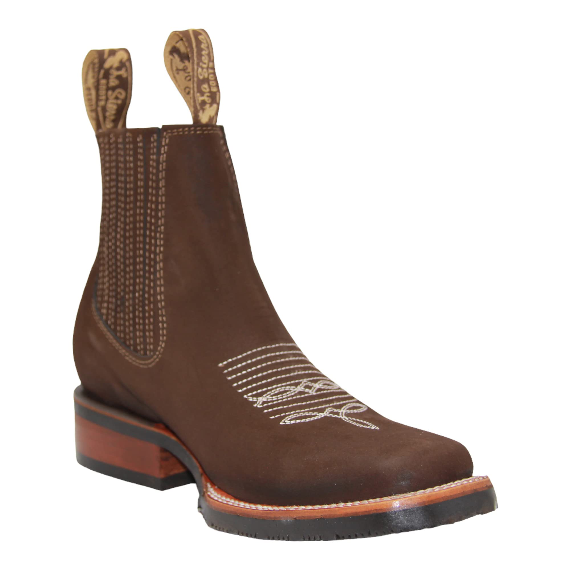 Men's Short Ankle Western Cowboy Boots - Genuine Leather, Rubber Sole, Side Stretch Panels