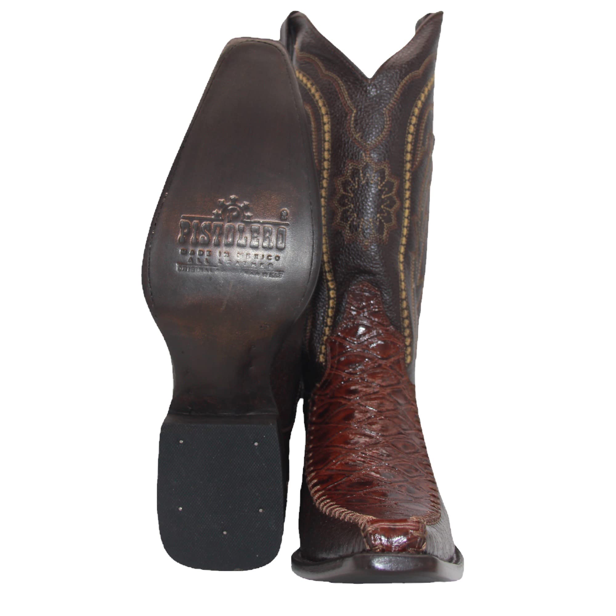 Men's Genuine Leather Square Point Toe Mid-Calf Exotic Print Dress Cowboy Boot-Brown