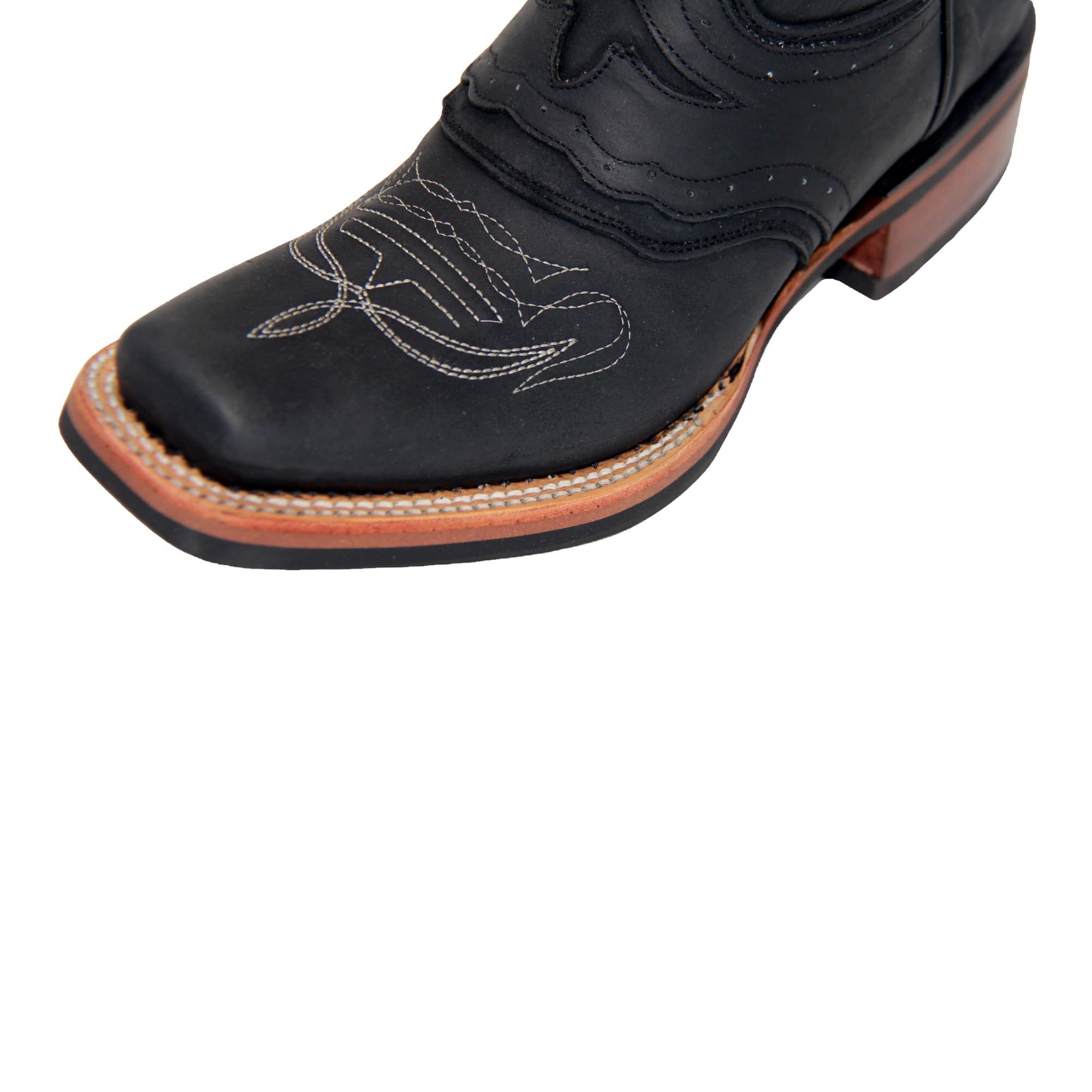 Men’s Black Genuine Leather Mid-Calf Square Toe Cowboy Boot