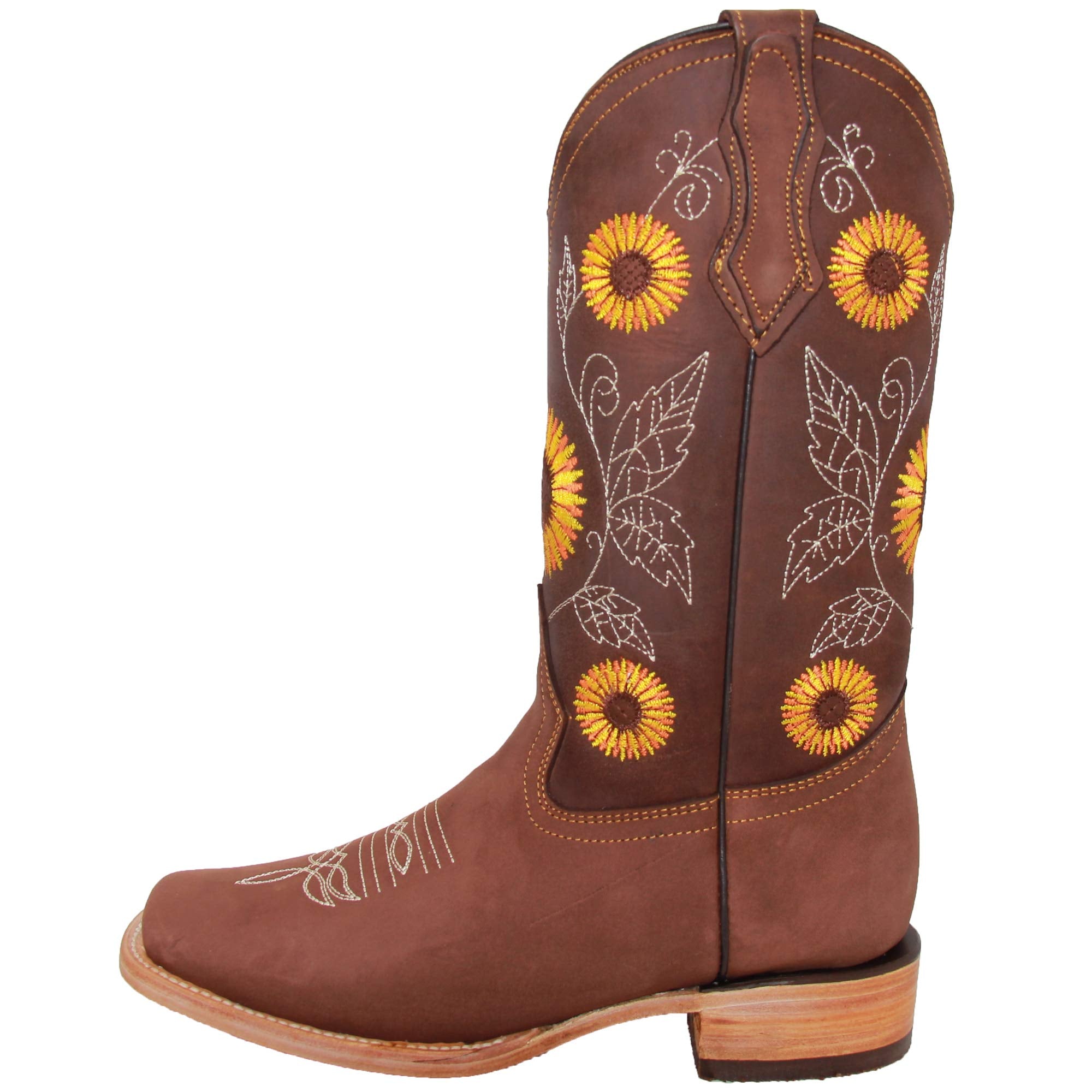 Women’s Cowgirl Cowboy Square Toe Leather Boots Sunflower Embroidered