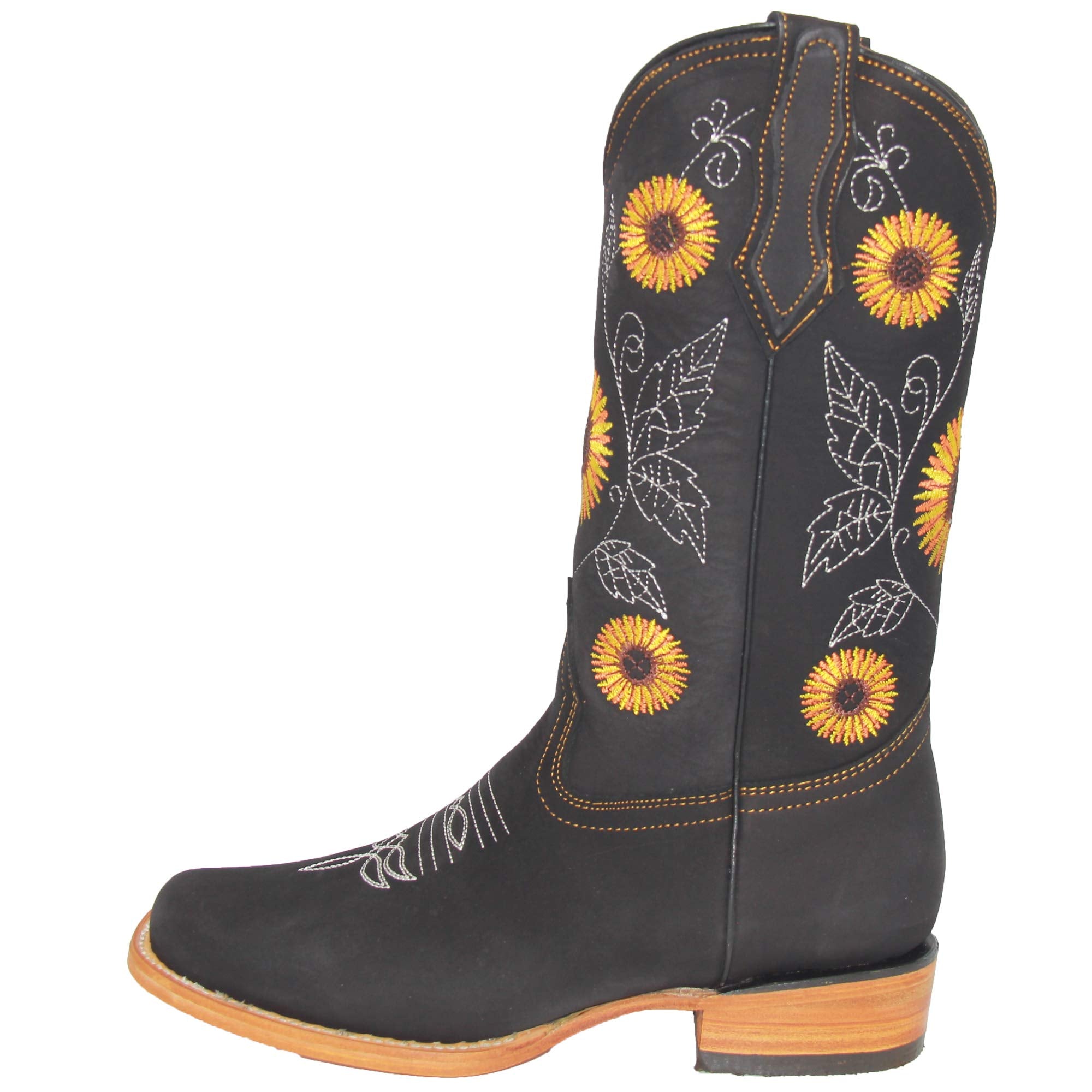 Women’s Cowgirl Cowboy Square Toe Leather Boots Sunflower Embroidered