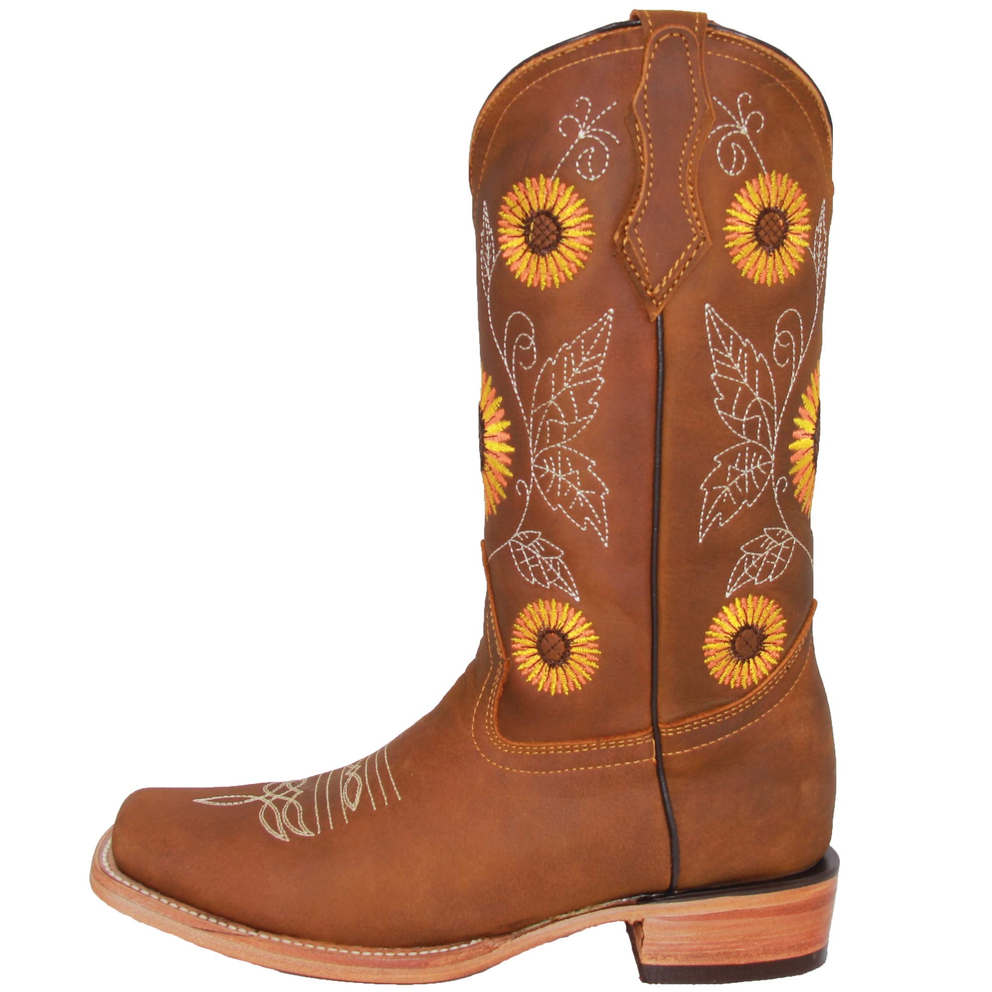 Women’s Cowgirl Cowboy Square Toe Leather Boots Sunflower Embroidered