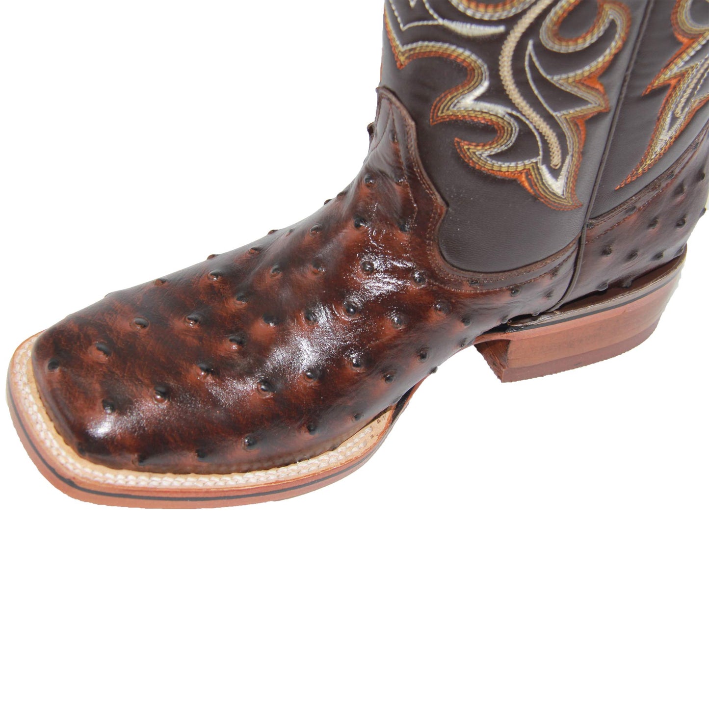 Men's Genuine Cowhide Leather Quill Ostrich Print Western Cowboy Square Toe Rodeo Boots