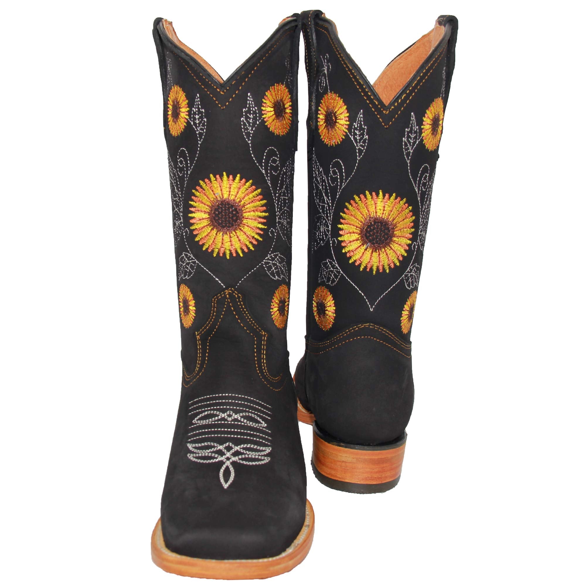 Women’s Cowgirl Cowboy Square Toe Leather Boots Sunflower Embroidered