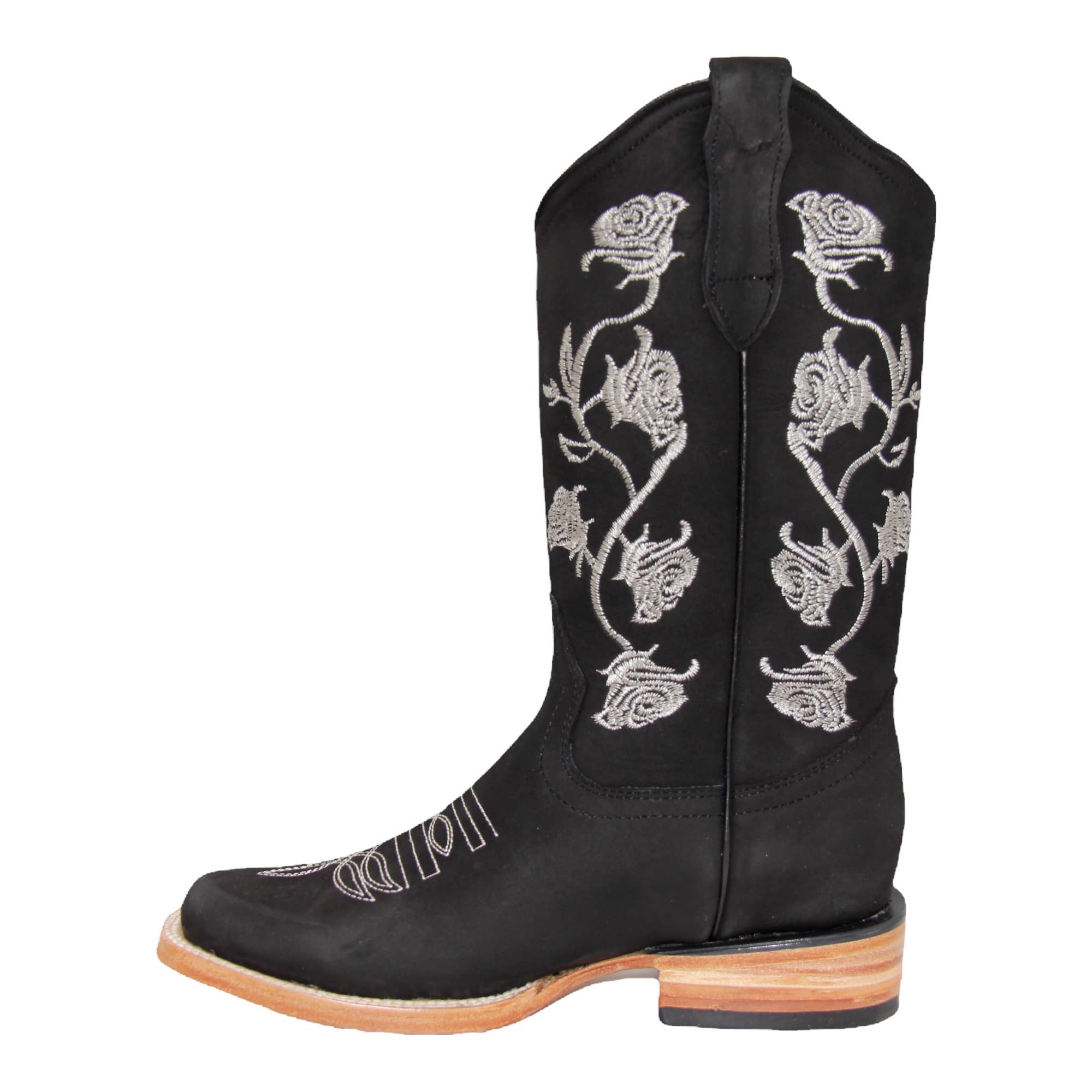 Women’s Square Toe Cowgirl Cowboy Boot Embroidered Floral Roses Western Boots Black