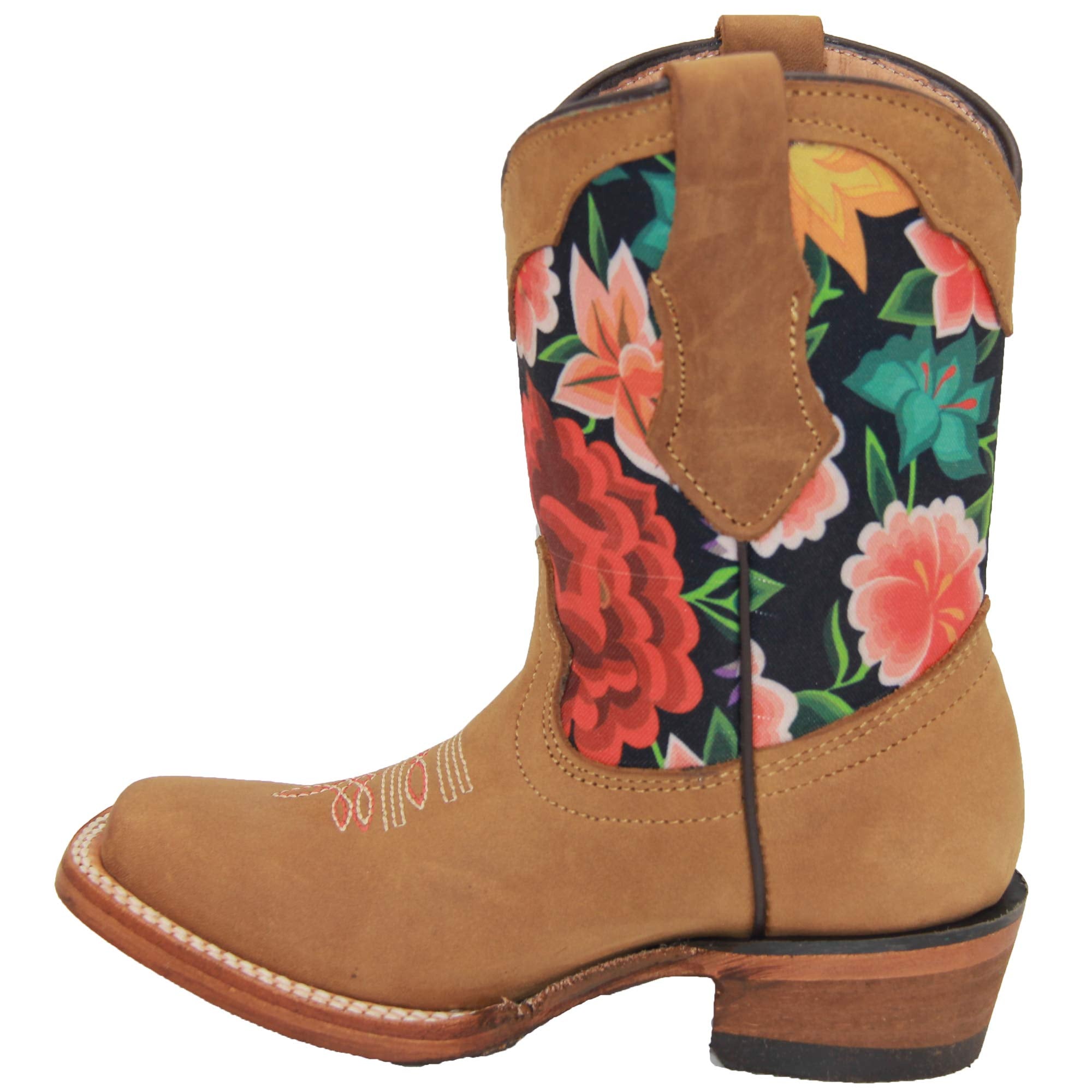 Kids Western Boot Girls Floral Cowboy Cowgirl Leather Brown Boot