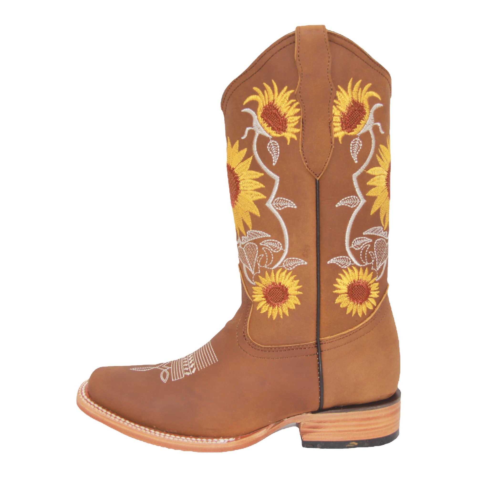 Women’s Square Toe Leather Cowgirl Cowboy Boot Sunflower Floral Embroidered Western Boots