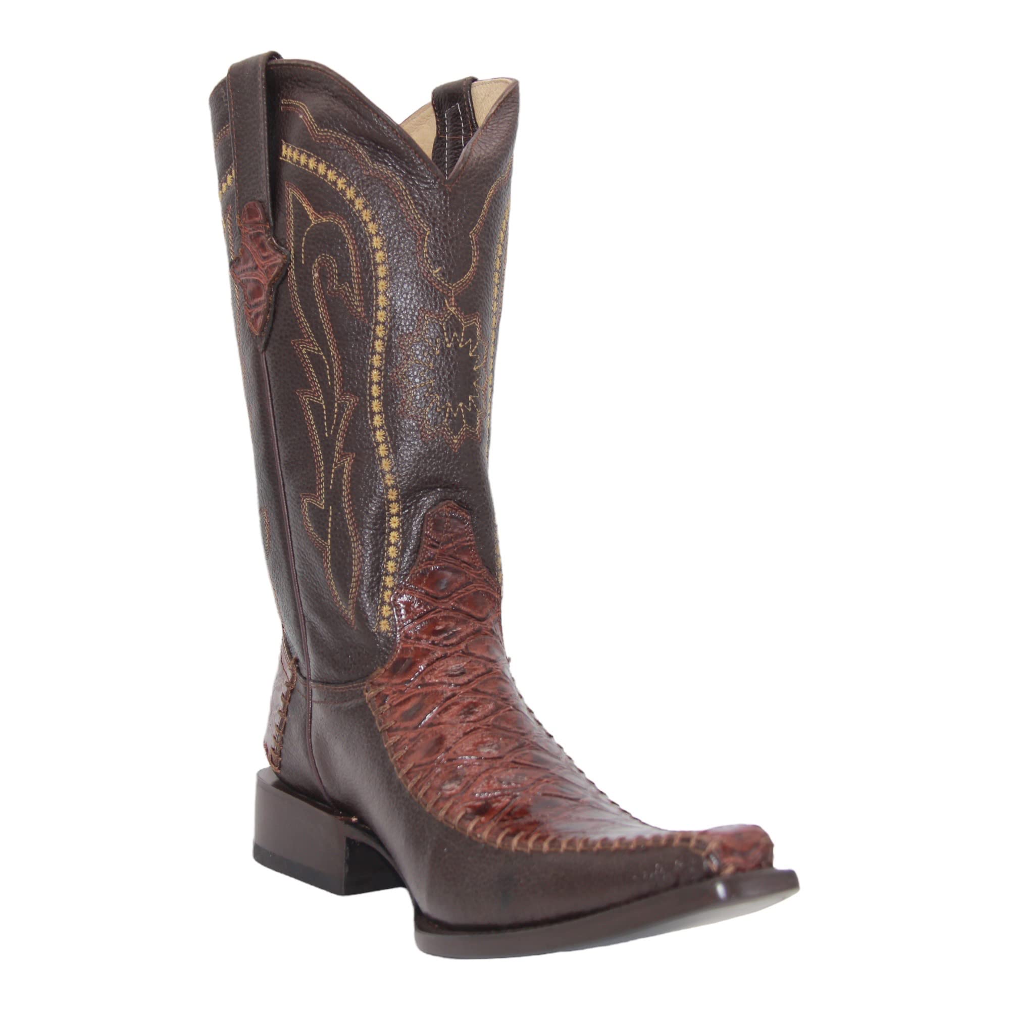 Men's Genuine Leather Square Point Toe Mid-Calf Exotic Print Dress Cowboy Boot-Brown
