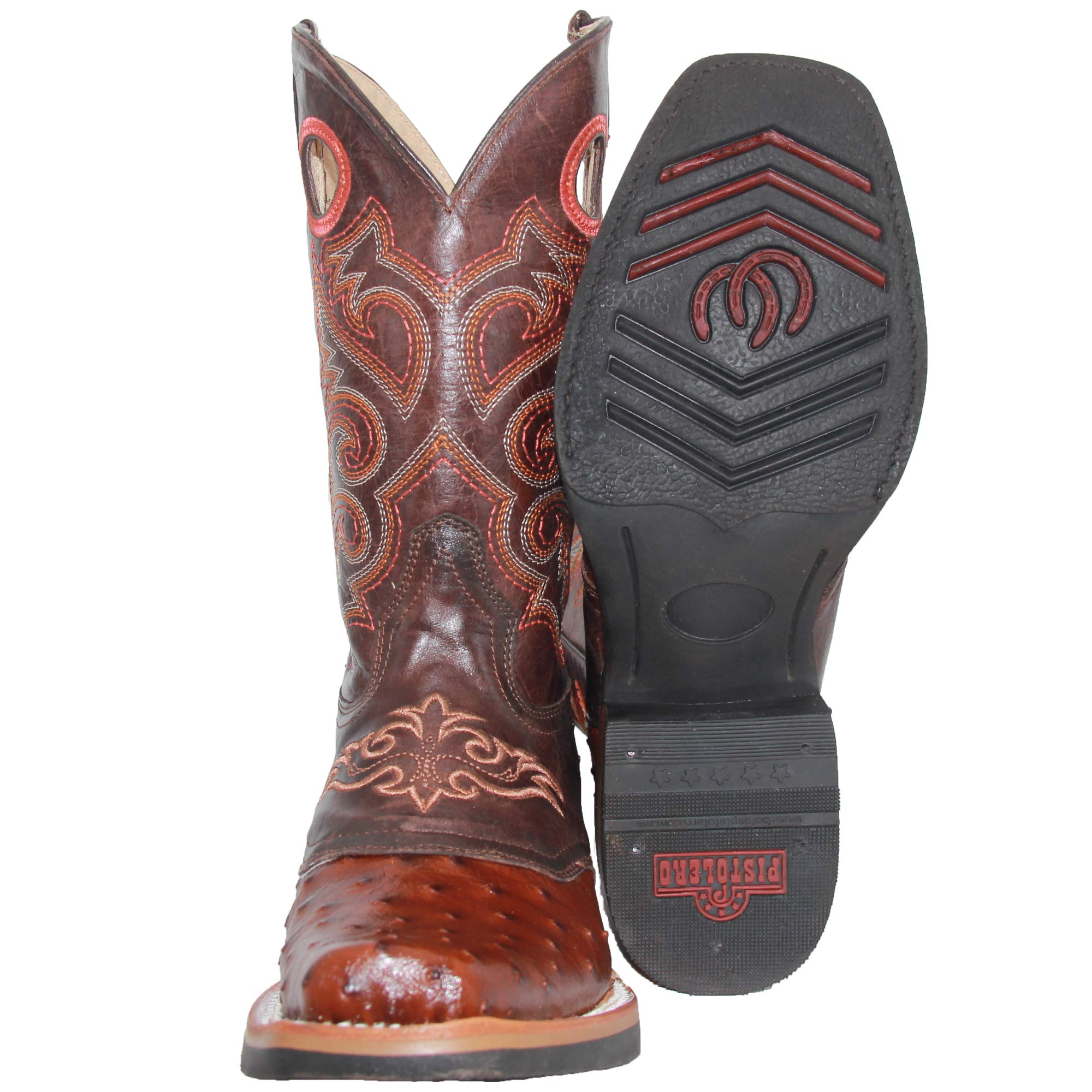 Men's Genuine Cowhide Leather Square Toe Ostrich Quill Print Western Cowboy Boots