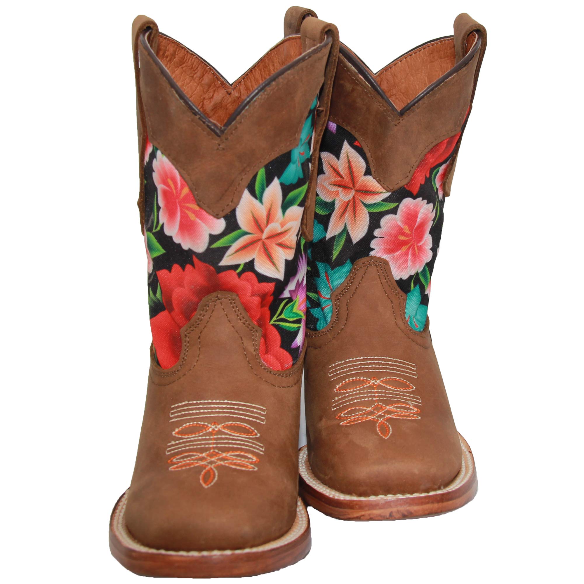 Kids Western Boot Girls Floral Cowboy Cowgirl Leather Brown Boot