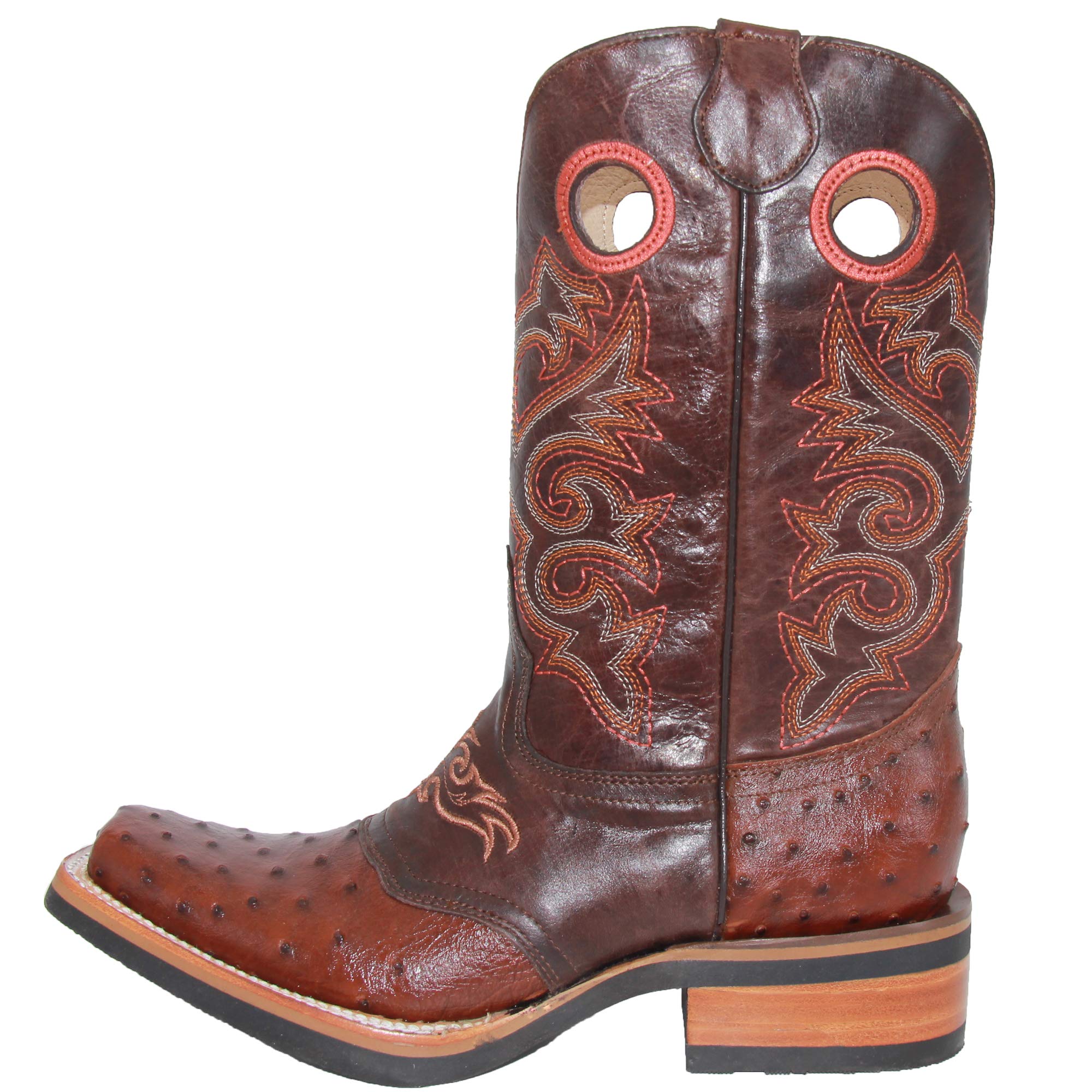 Men's Genuine Cowhide Leather Square Toe Ostrich Quill Print Western Cowboy Boots