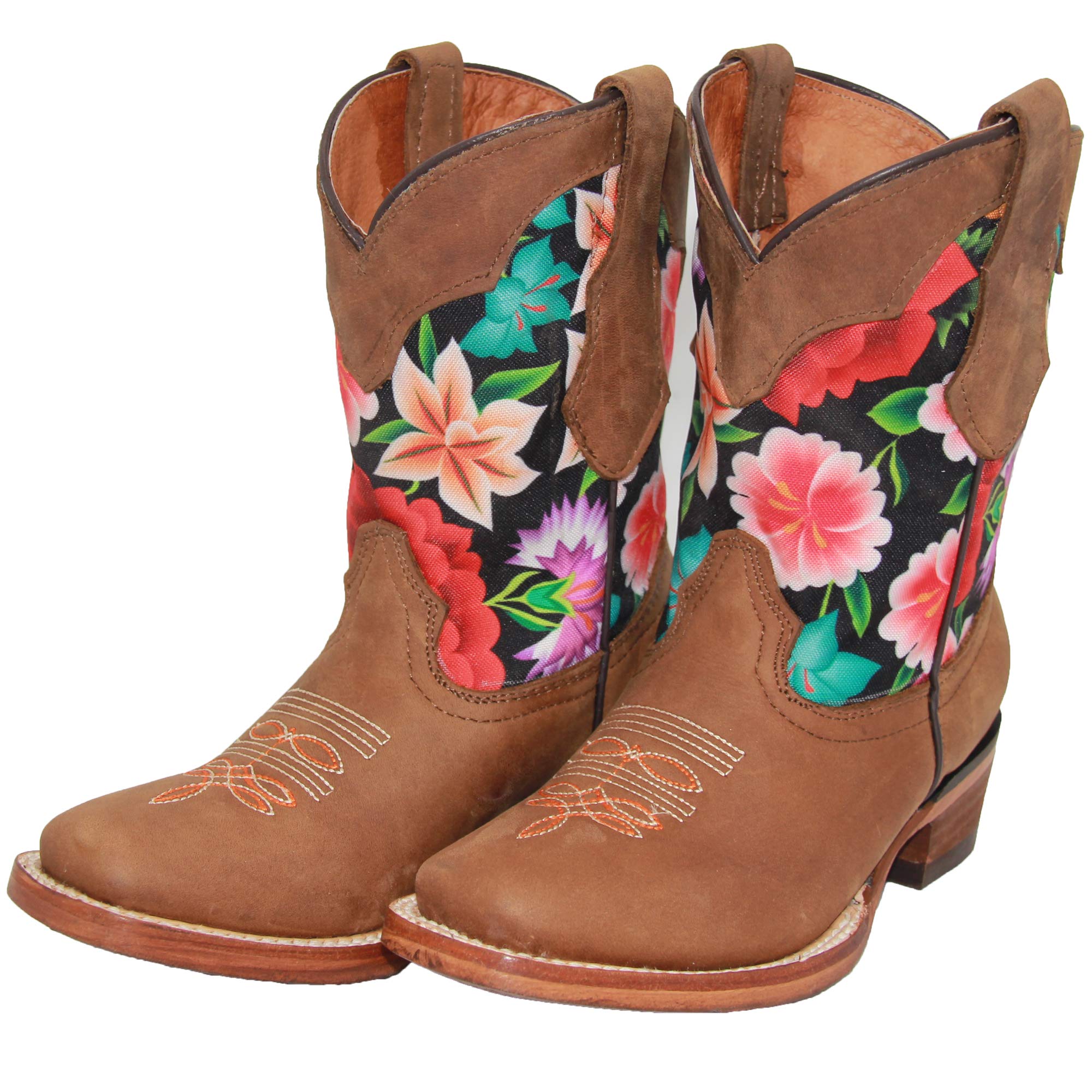 Kids Western Boot Girls Floral Cowboy Cowgirl Leather Brown Boot
