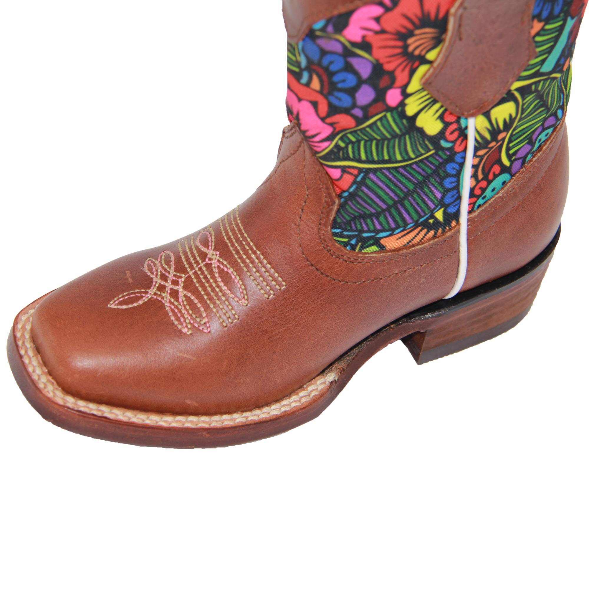 Kids Western Boot Girls Floral Cowboy Cowgirl Leather Brown Boot