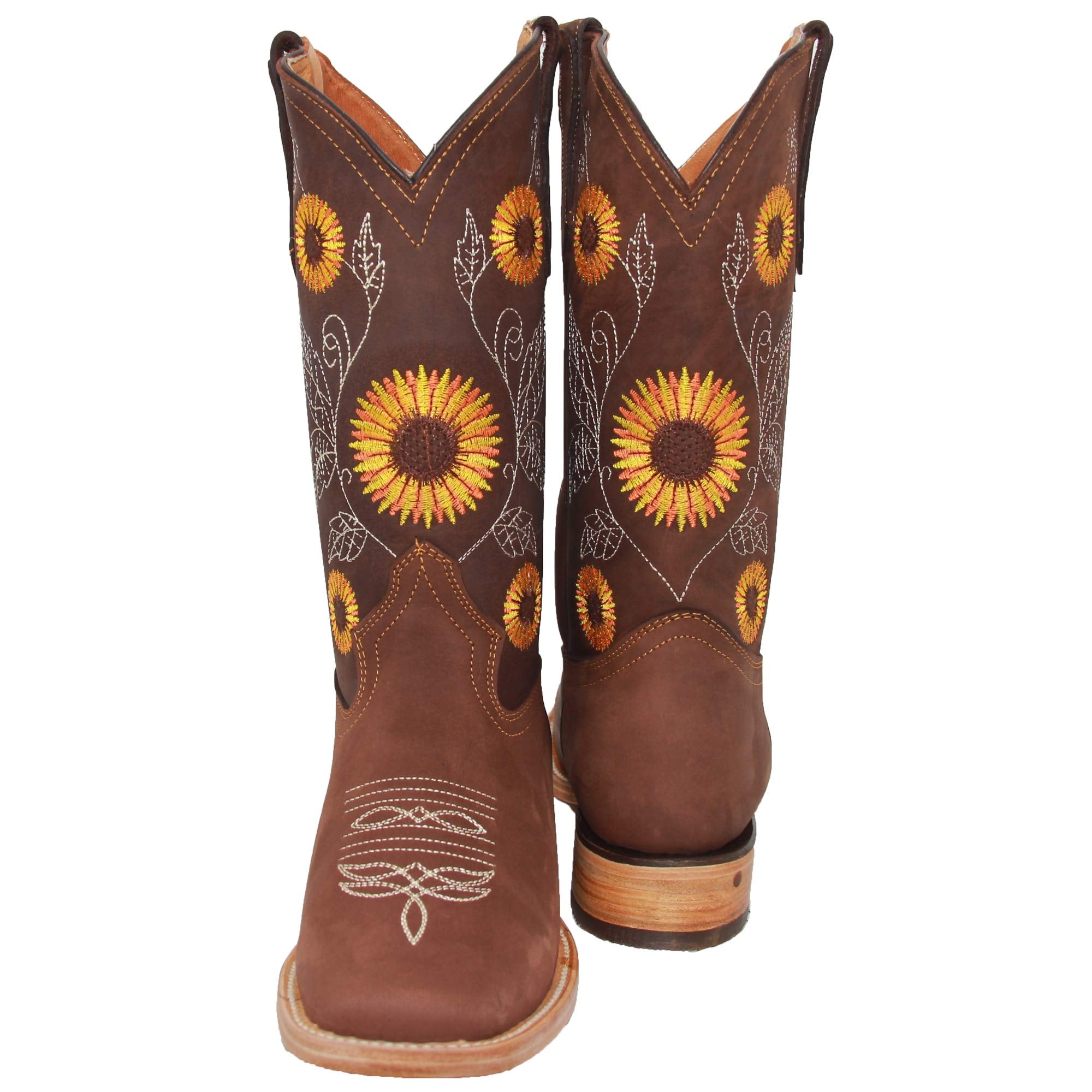 Women’s Cowgirl Cowboy Square Toe Leather Boots Sunflower Embroidered