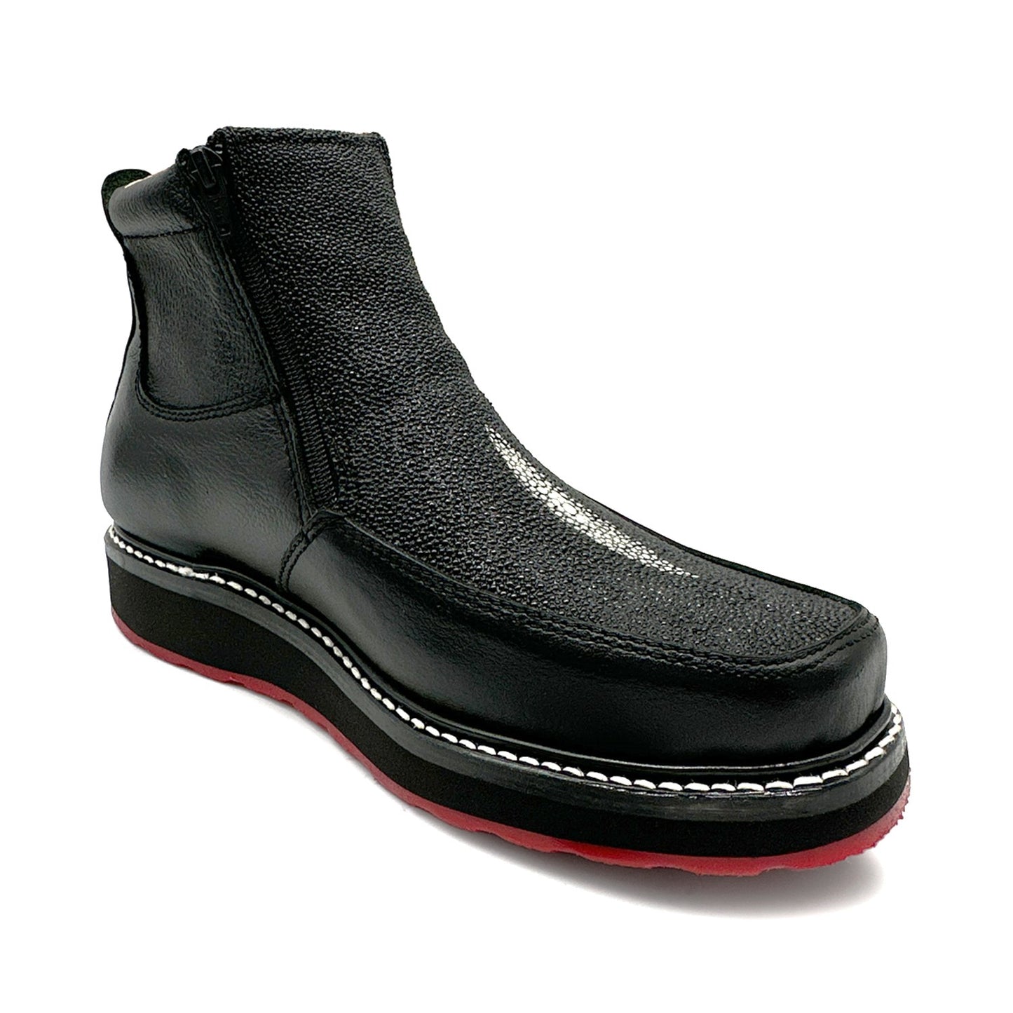 Men’s Black Leather Square Toe Short Ankle Stingray Print Embossed Cowboy Boot