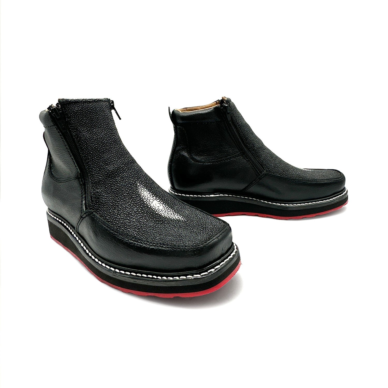 Men’s Black Leather Square Toe Short Ankle Stingray Print Embossed Cowboy Boot