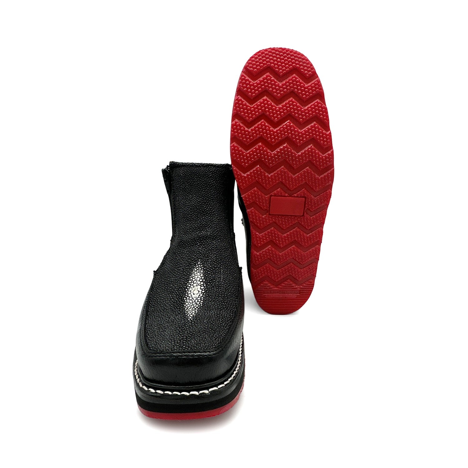 Men’s Black Leather Square Toe Short Ankle Stingray Print Embossed Cowboy Boot