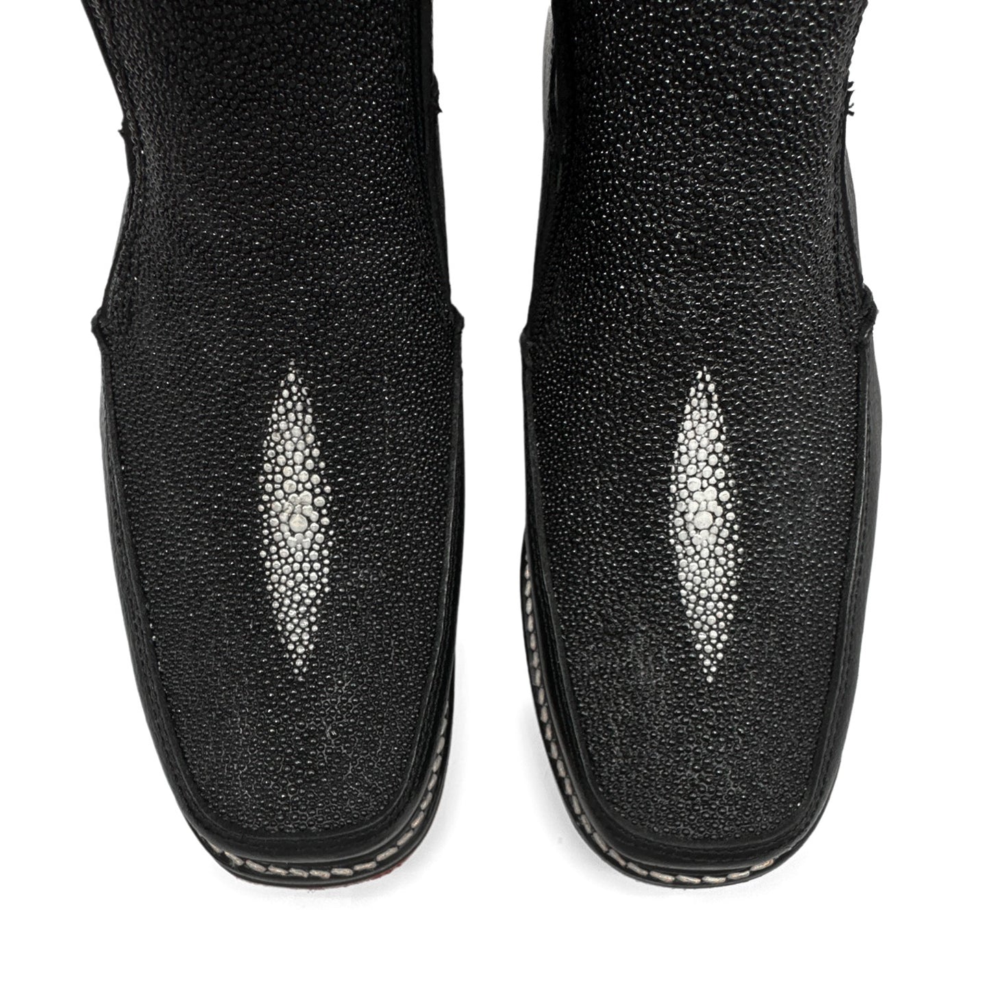 Men’s Black Leather Square Toe Short Ankle Stingray Print Embossed Cowboy Boot