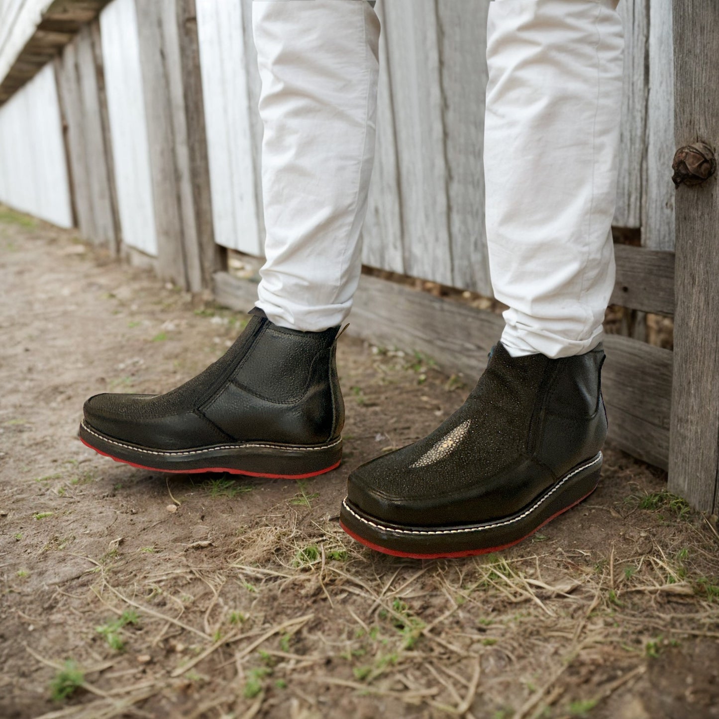 Men’s Black Leather Square Toe Short Ankle Stingray Print Embossed Cowboy Boot