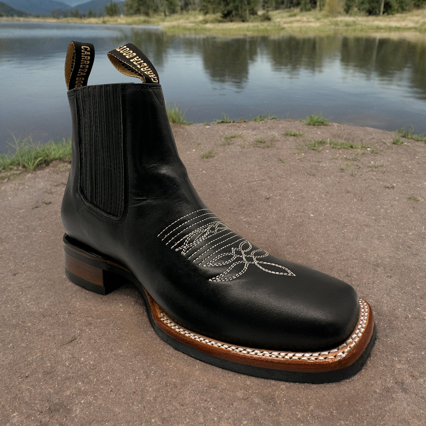 Men’s Genuine Leather Square Toe Short Ankle Cowboy Boot