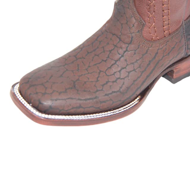 Men's Genuine Leather Exotic Cowboy Boot Square Toe Mid Calf Brown