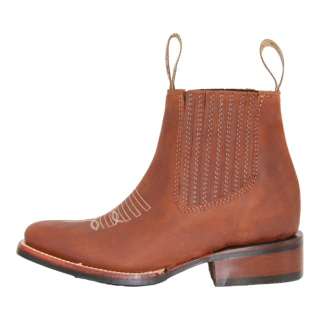 Women's Short Ankle Brown Leather Cowboy Boots, Low Heel Cowgirl Bootie