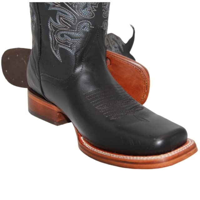 Men's Black Genuine Leather Square Toe Cowboy Western Boot