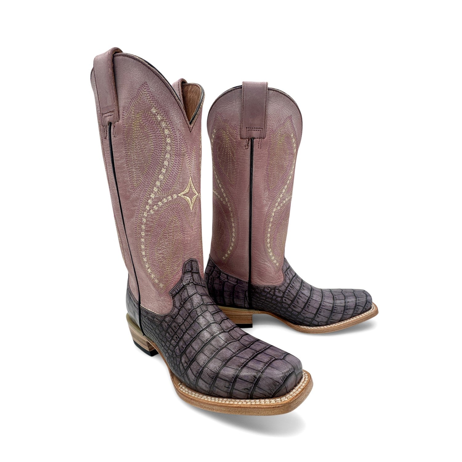 Women's Leather Square Toe Embossed Crocodile Alligator Print Boot