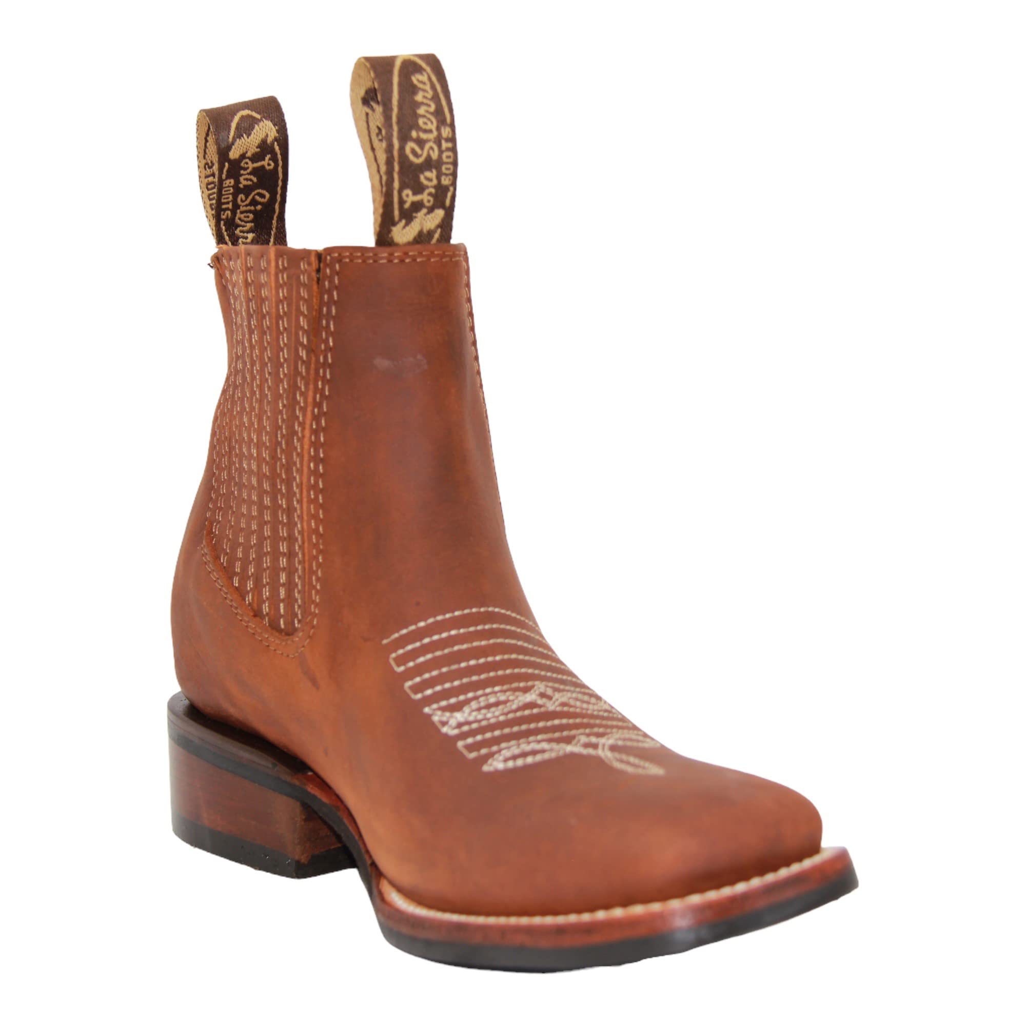 Women's Short Ankle Brown Leather Cowboy Boots, Low Heel Cowgirl Bootie