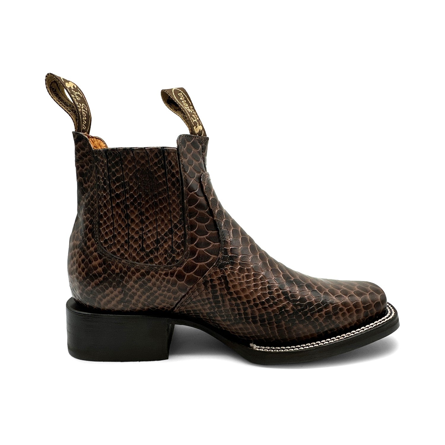 Men’s Genuine Leather Square Toe Embossed Python Snake Print Short Ankle Cowboy Boot