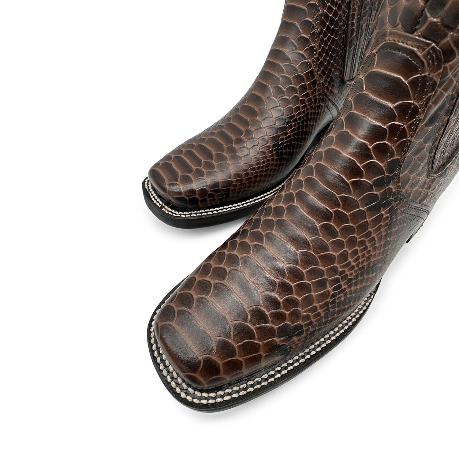 Men’s Genuine Leather Square Toe Embossed Python Snake Print Short Ankle Cowboy Boot