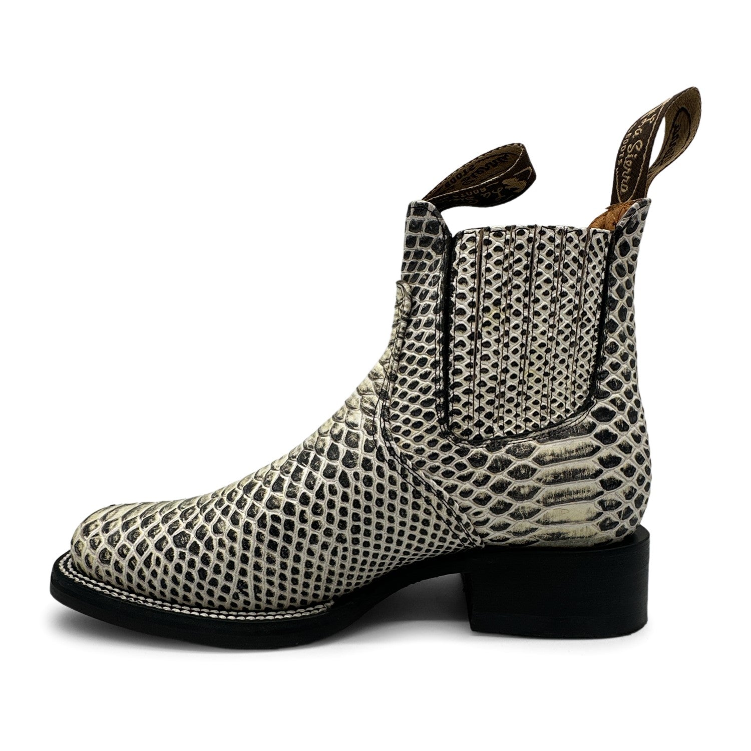 Men’s Genuine Leather Square Toe Embossed Python Snake Print Short Ankle Cowboy Boot