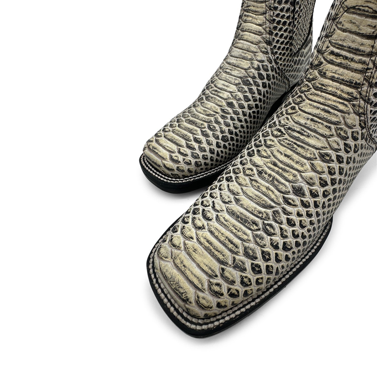 Men’s Genuine Leather Square Toe Embossed Python Snake Print Short Ankle Cowboy Boot