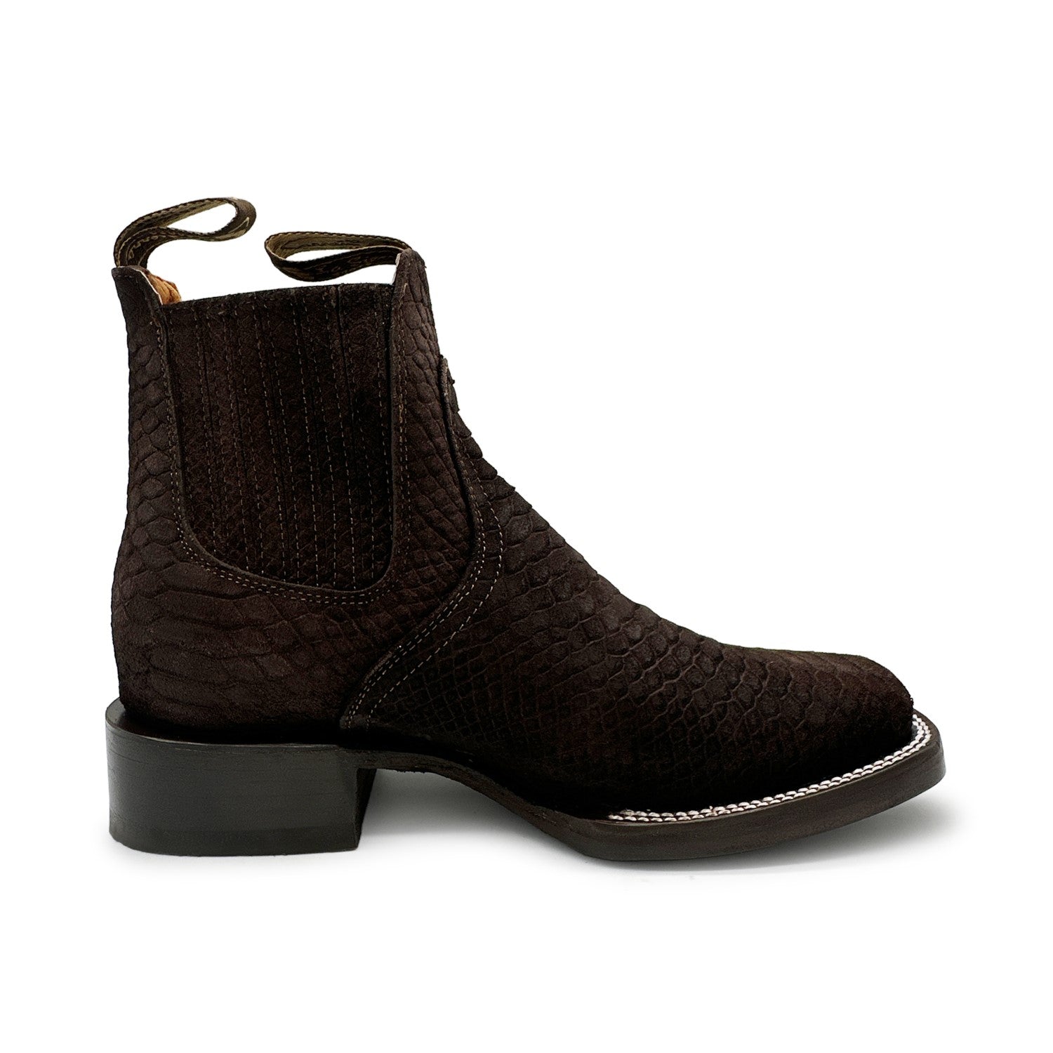 Men’s Genuine Leather Square Toe Embossed Python Snake Print Short Ankle Cowboy Boot