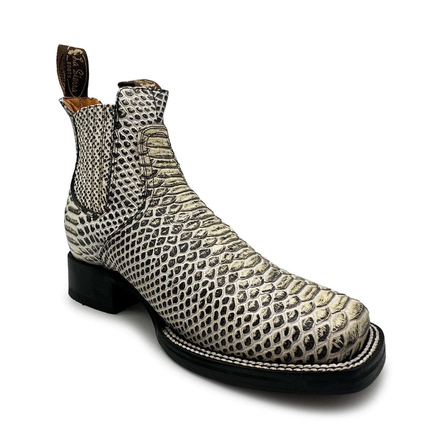Men’s Genuine Leather Square Toe Embossed Python Snake Print Short Ankle Cowboy Boot
