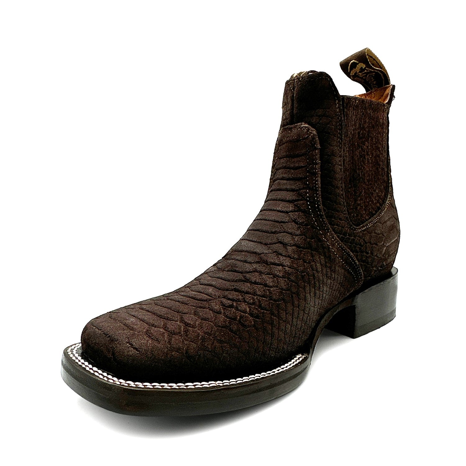 Men’s Genuine Leather Square Toe Embossed Python Snake Print Short Ankle Cowboy Boot