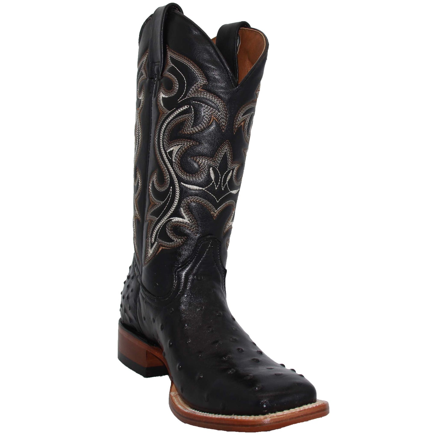 Men's Genuine Cowhide Leather Quill Ostrich Print Western Cowboy Square Toe Rodeo Boots
