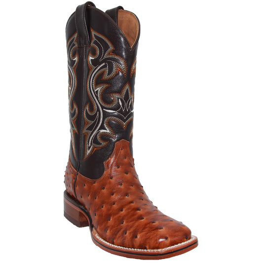 Men's Genuine Cowhide Leather Quill Ostrich Print Western Cowboy Square Toe Rodeo Boots