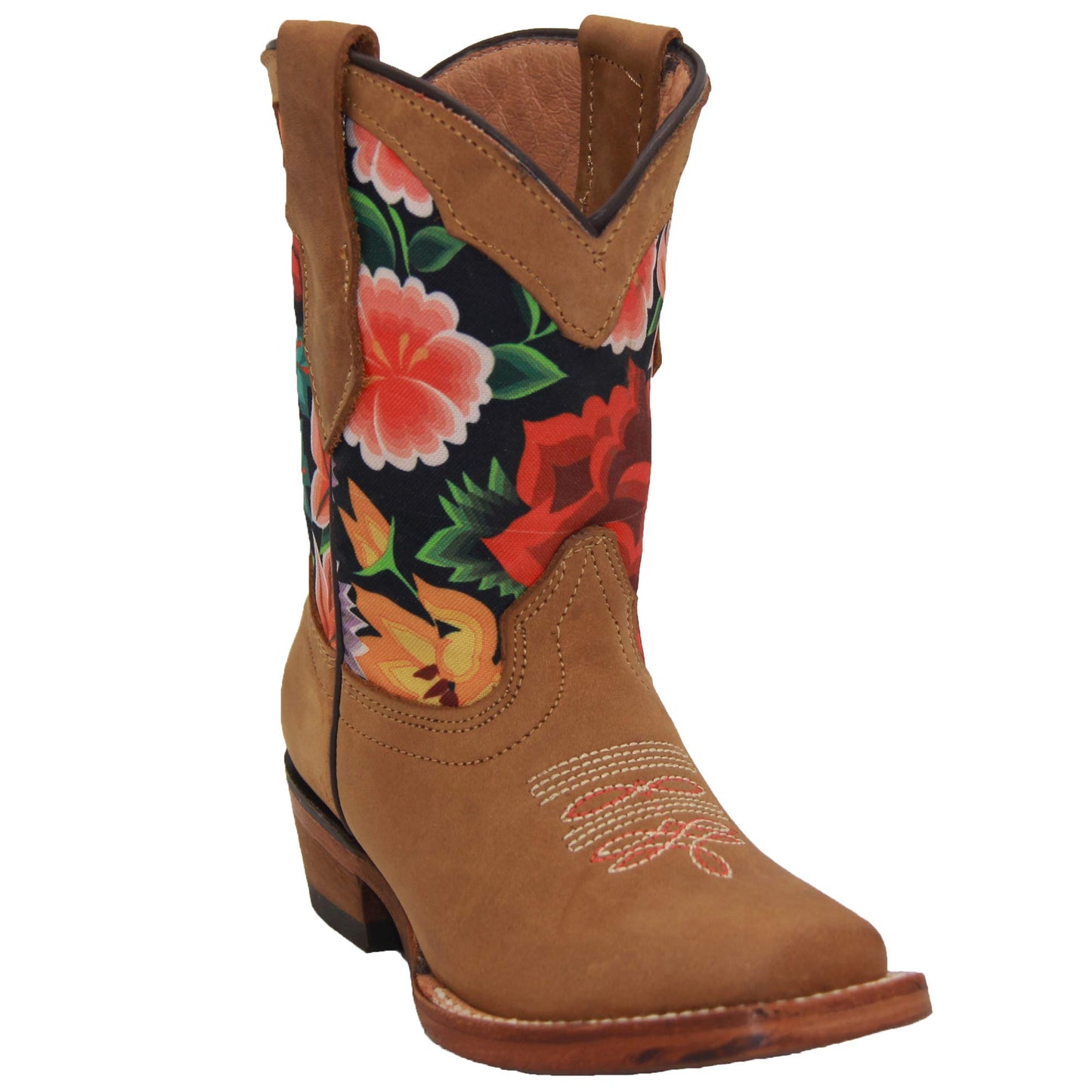 Kids Western Boot Girls Floral Cowboy Cowgirl Leather Brown Boot
