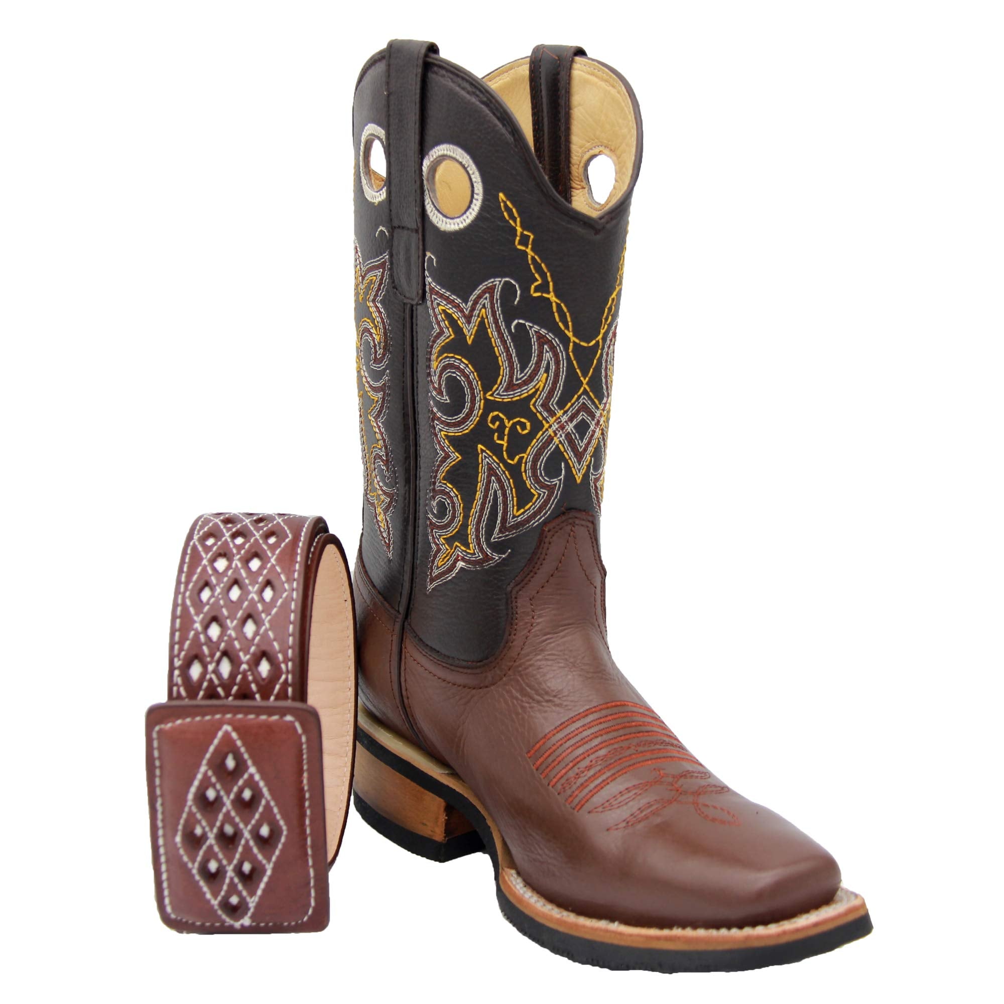 Mens Genuine Leather Cowboy Square Toe Rodeo Boots with Free Belt