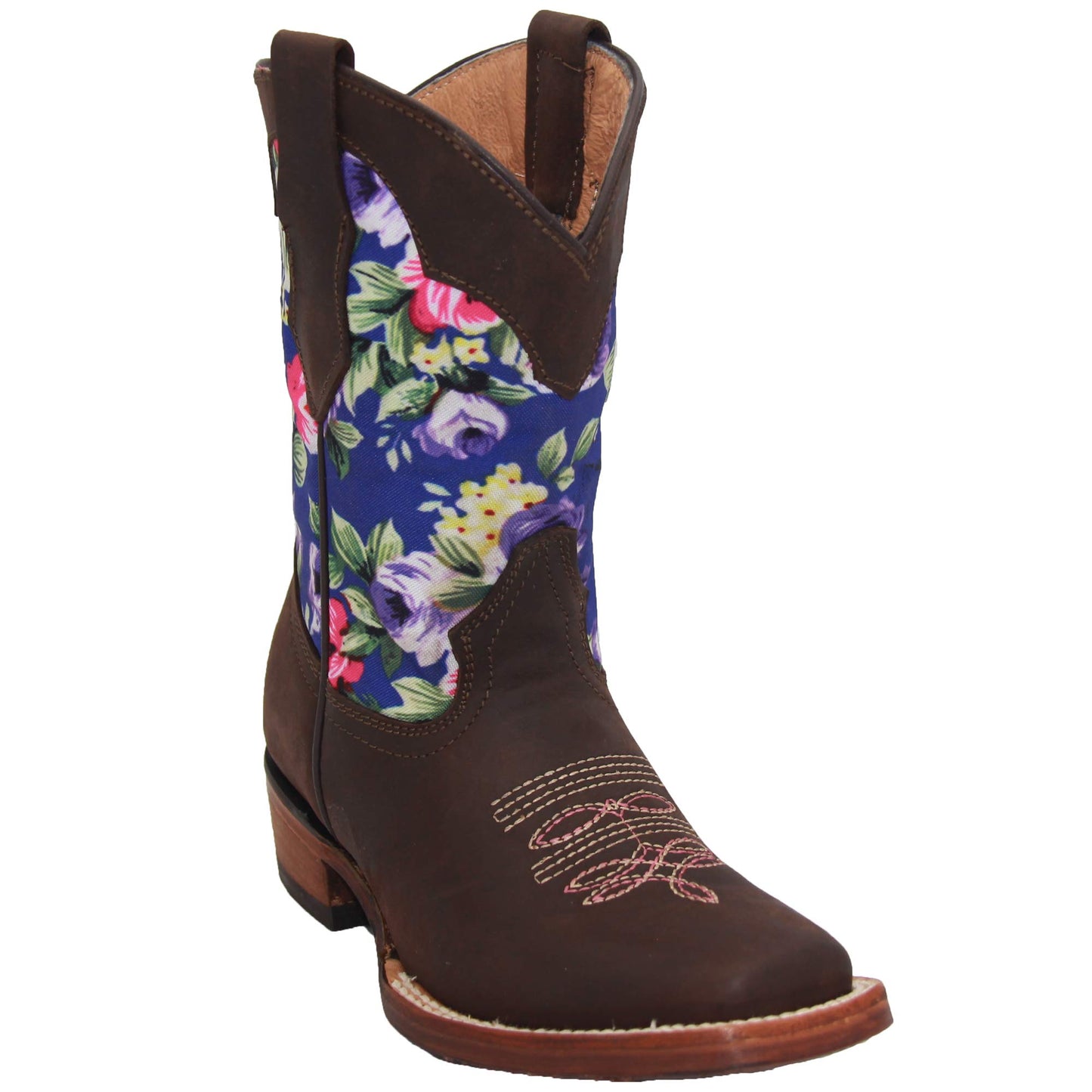 Kids Western Boot Girls Floral Cowboy Cowgirl Leather Brown Boot
